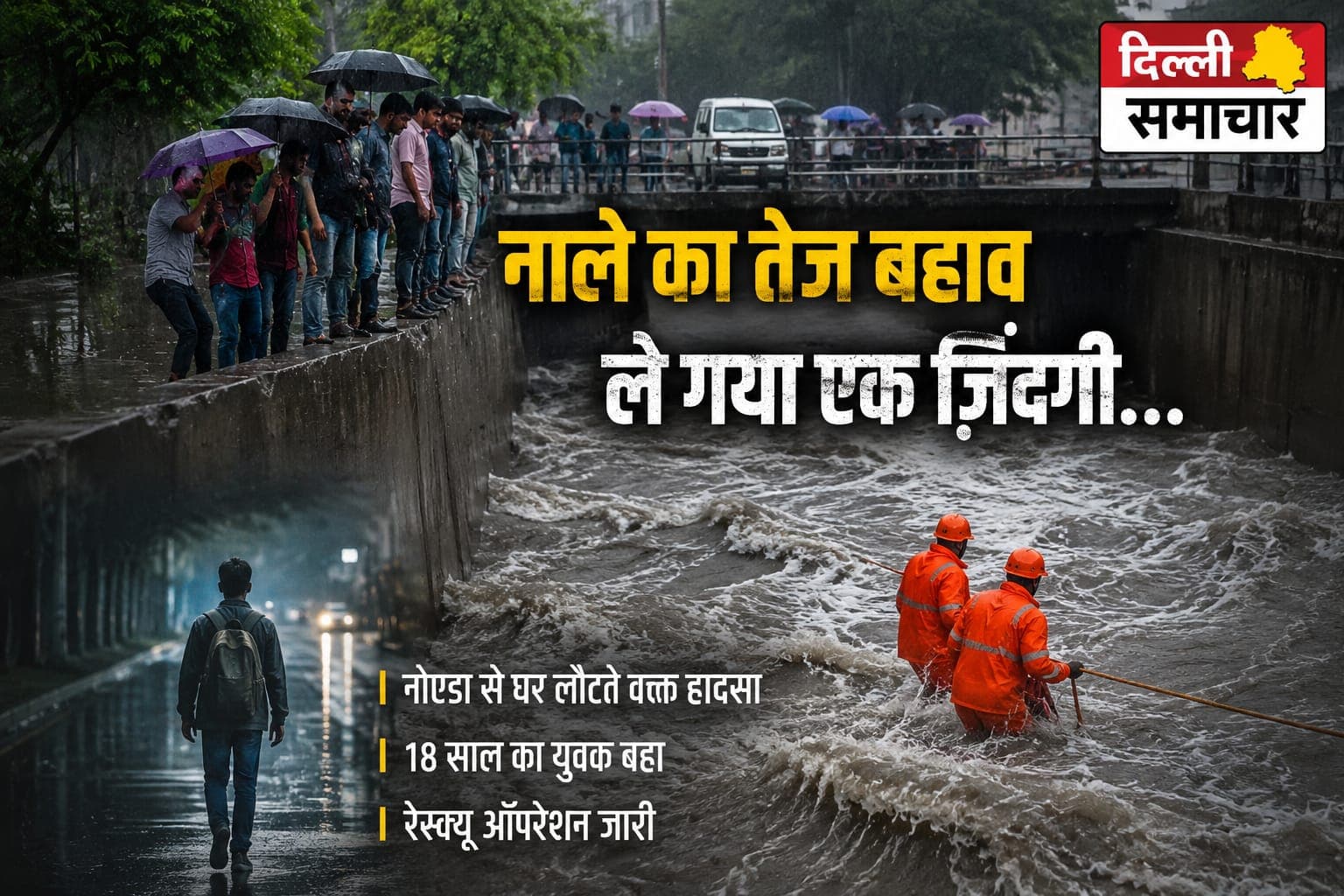 दिल्ली: नाले के तेज बहाव में बहा 18 साल का युवक, नोएडा से घर लौटते वक्त हुआ हादसा, रेस्क्यू ऑपरेशन जारी