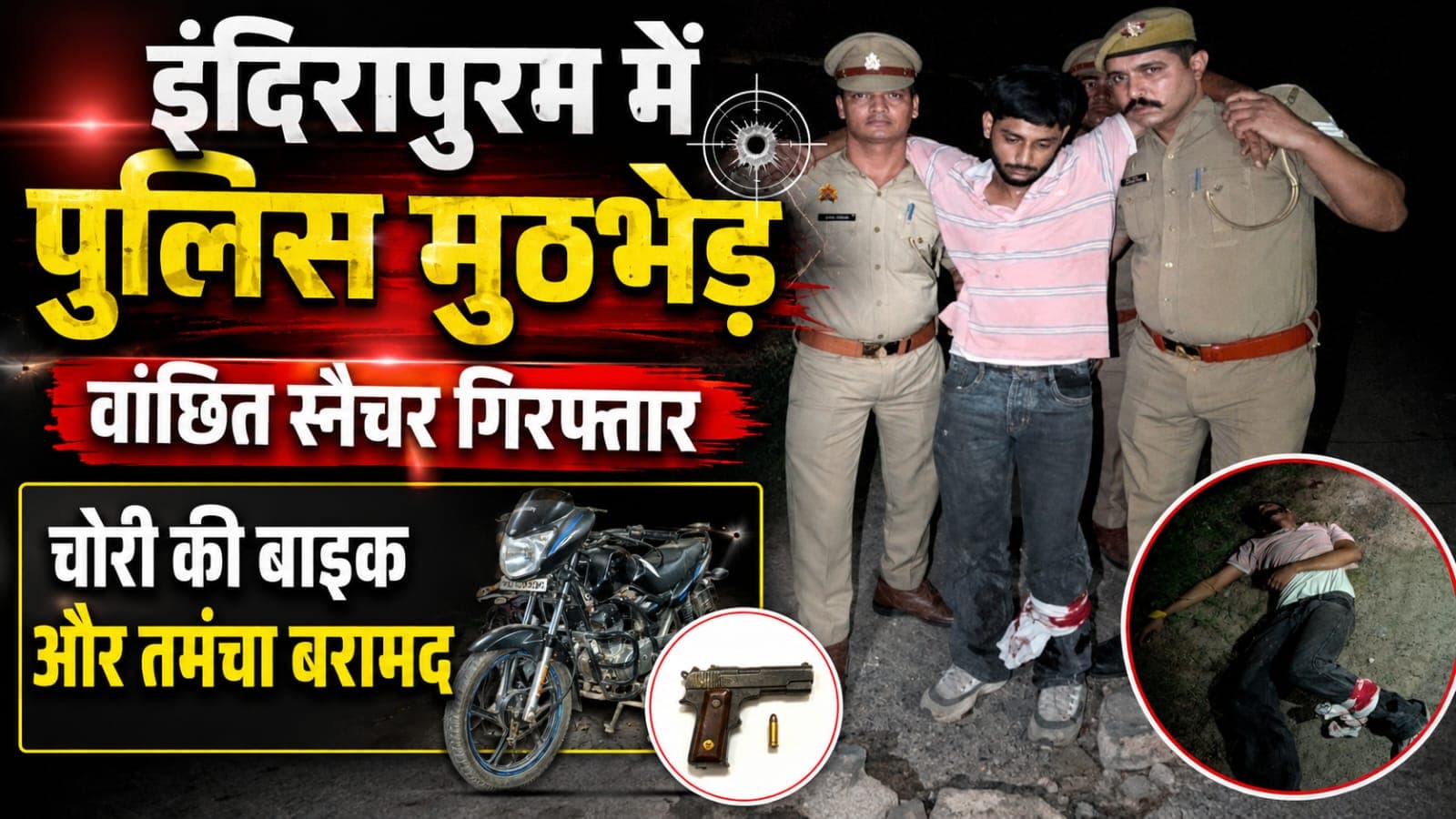 Ghaziabad : इंदिरापुरम में पुलिस मुठभेड़, वांछित स्नैचर गिरफ्तार; चोरी की बाइक और तमंचा बरामद
