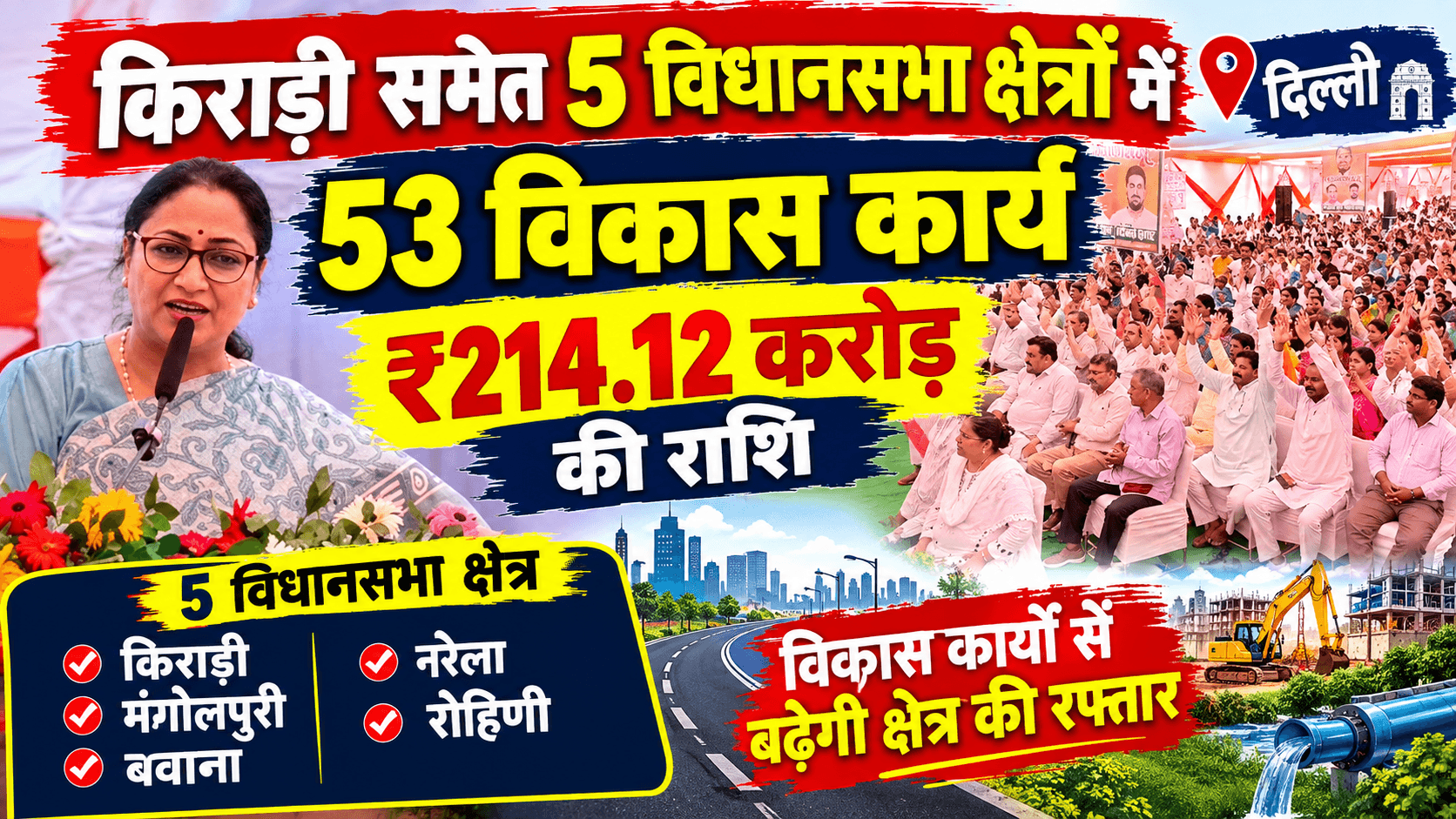 Delhi : किराड़ी समेत 5 विधानसभा क्षेत्रों में 53 विकास कार्य, ₹214.12 करोड़ की राशि