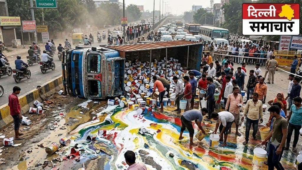 Video : गाजियाबाद में पेंट से भरा ट्रक पलटा, सड़क पर बिखरे रंग, बाल्टियां लेकर पहुंचे लोग