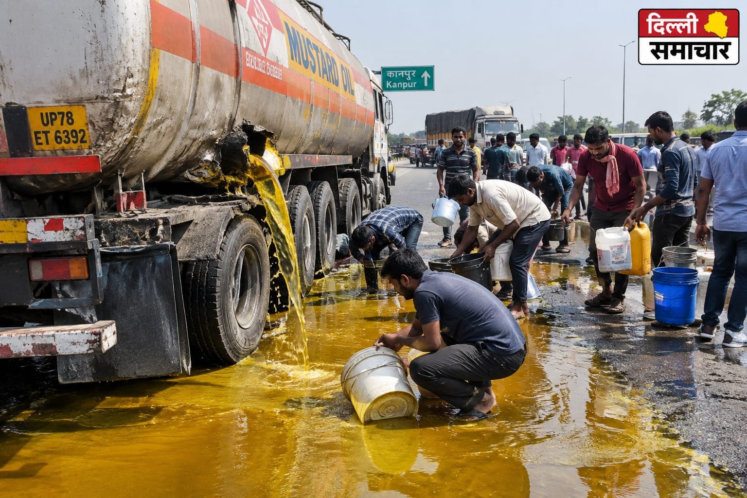 UP : कानपुर हाईवे पर टैंकर में छेद, सड़क पर बहा सरसों का तेल; बाल्टी-डिब्बे लेकर पहुंचे लोग