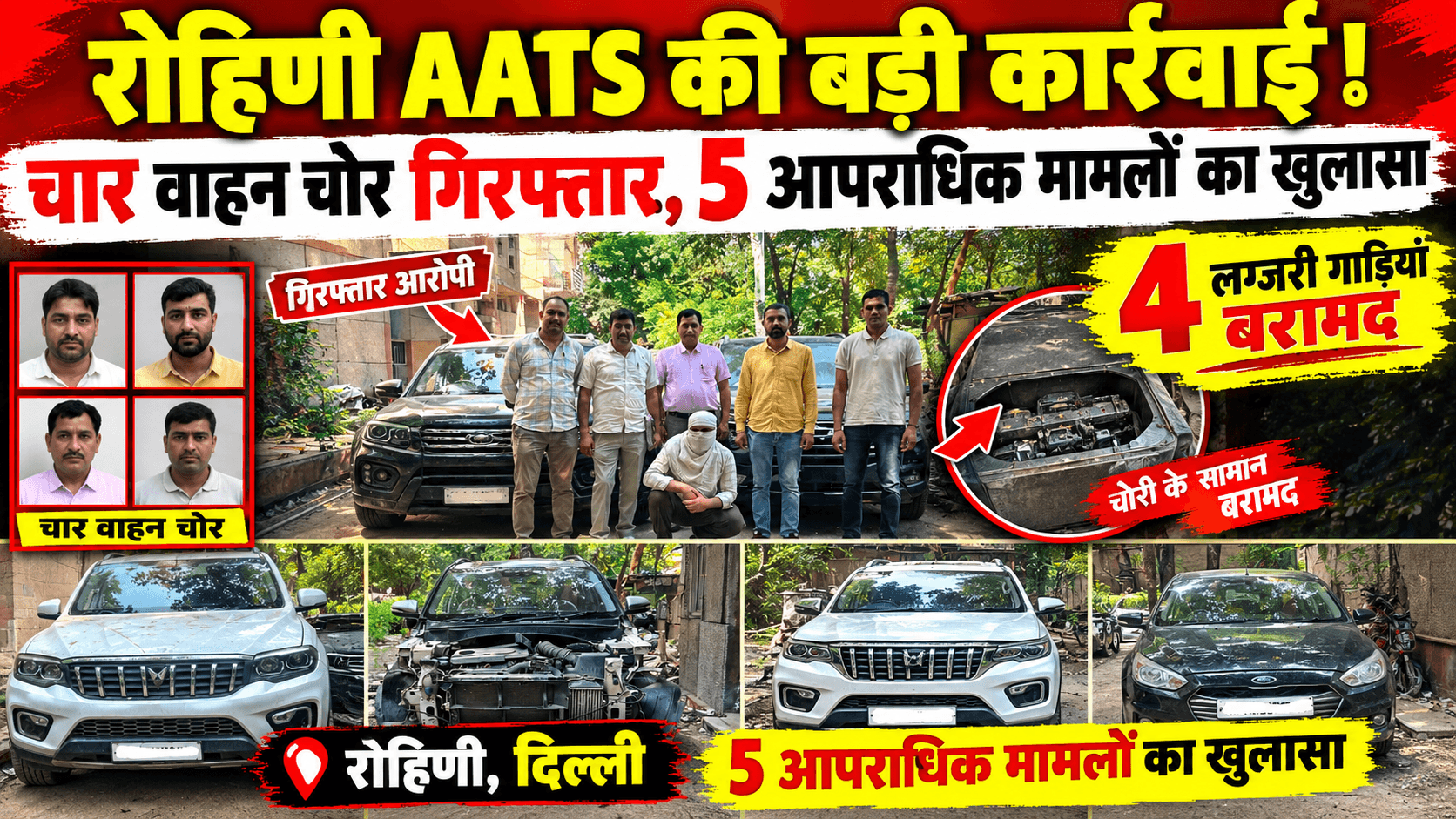 रोहिणी AATS की बड़ी कार्रवाई: चार वाहन चोर गिरफ्तार, 5 आपराधिक मामलों का खुलासा; 4 लग्जरी गाड़ियां बरामद